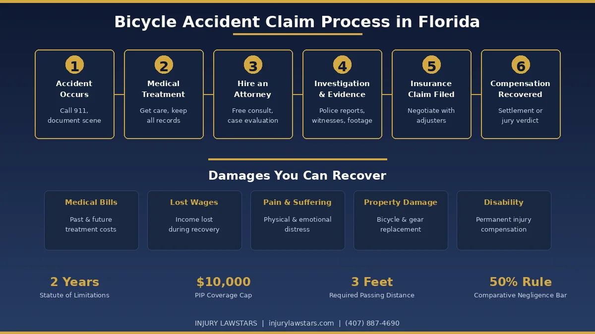Bicycle accident claim process in Florida showing steps from collision to compensation