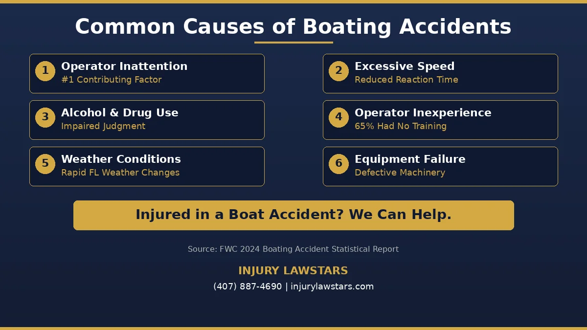 Common causes of boating accidents in Florida infographic showing six leading factors from FWC data