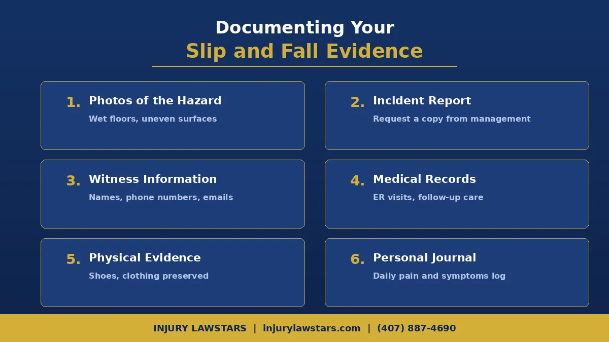 Checklist of evidence to document after a slip and fall accident in Florida
