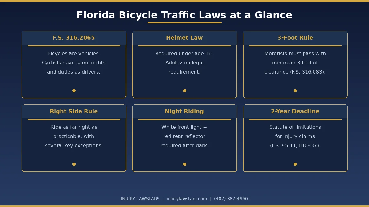 Florida bicycle traffic laws and cyclist rights infographic showing key rules for road safety