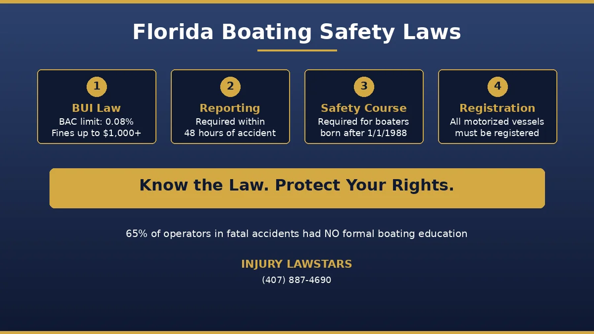 Florida boating safety laws infographic showing BUI regulations, reporting requirements, and safety education rules