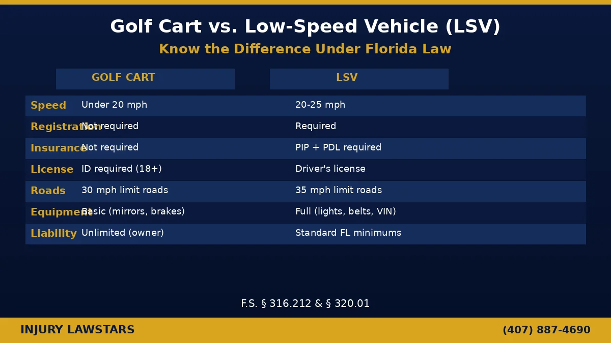 Golf cart vs LSV comparison chart showing Florida legal requirements