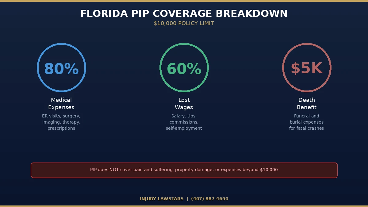 Florida PIP coverage breakdown showing 80 percent medical expenses and 60 percent lost wages up to 10000 dollars
