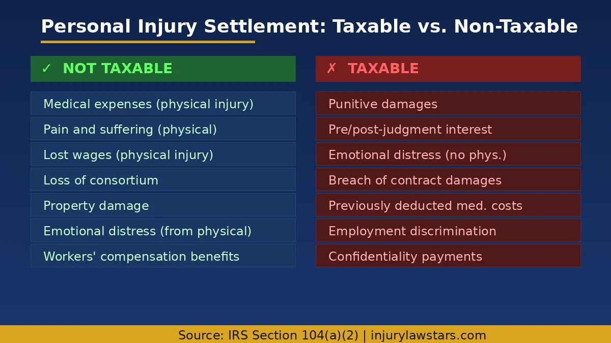 Infographic showing taxable versus non-taxable components of a personal injury settlement in Florida