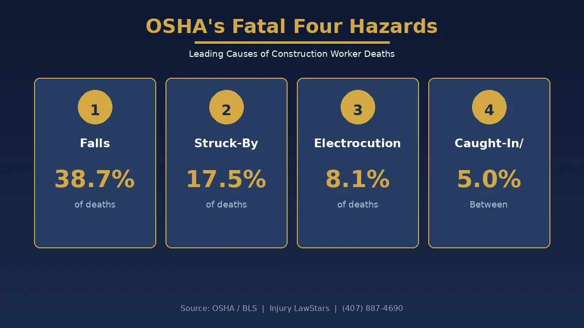 Infographic showing OSHA Fatal Four construction hazards: falls at 38.7%, struck-by at 17.5%, electrocution at 8.1%, and caught-in/between at 5.0% of construction worker deaths