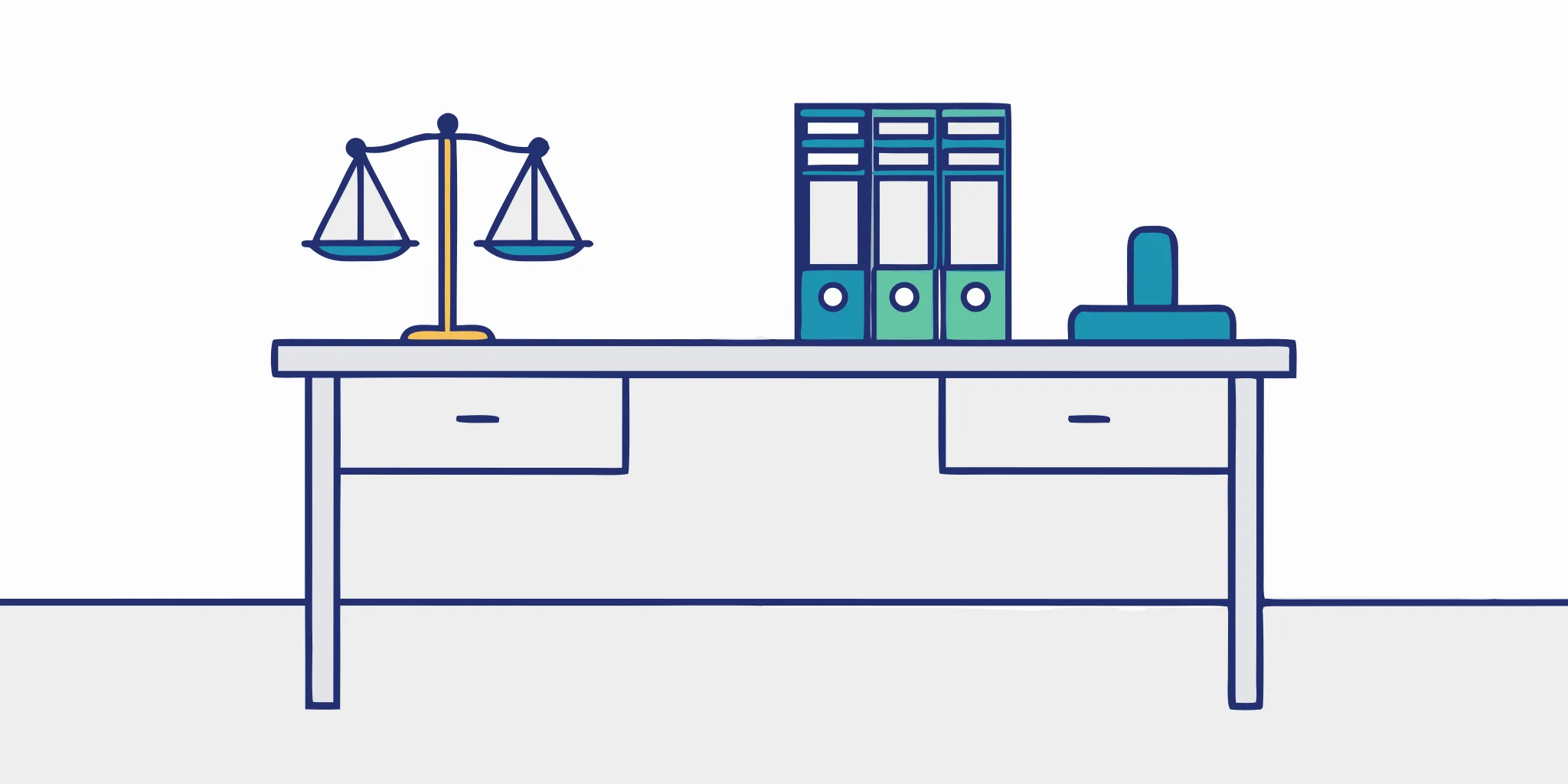 Pensacola car accident lawyer's desk with scales of justice and case files.