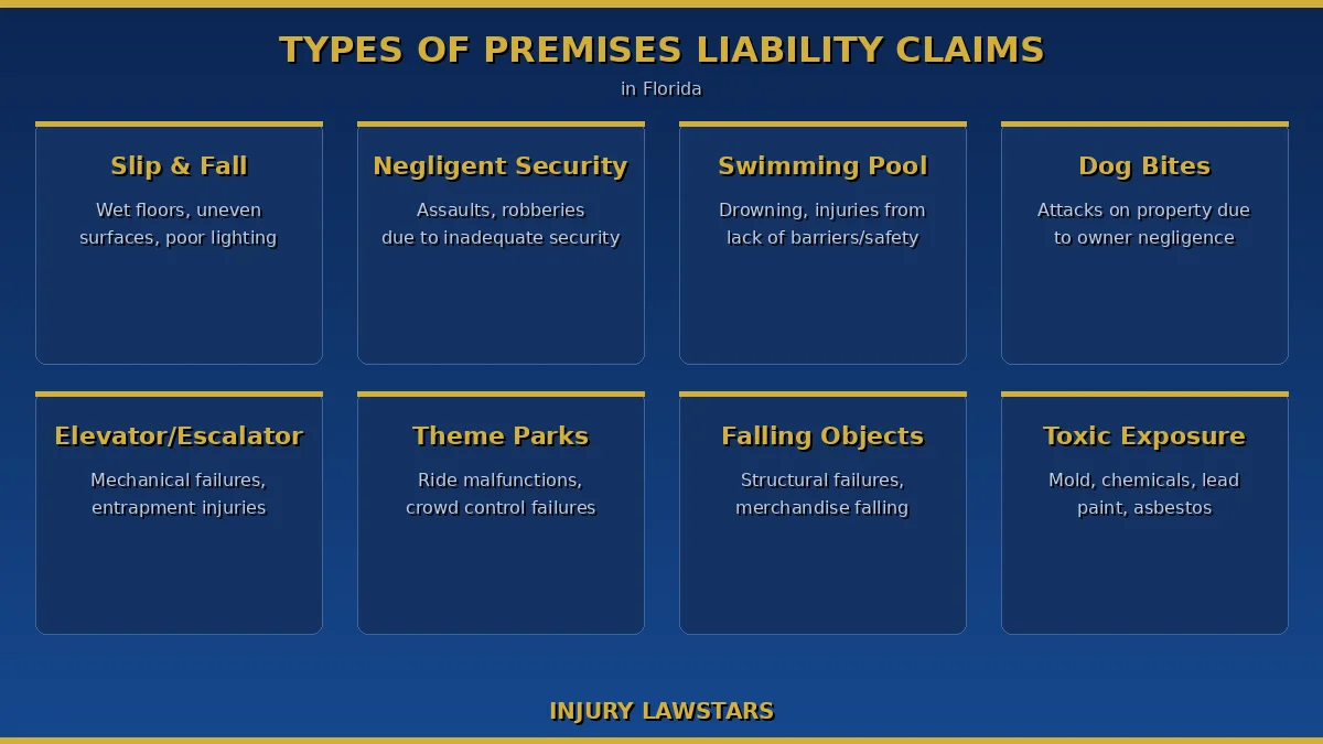 Types of premises liability claims in Florida including slip and fall, negligent security, swimming pool accidents, and more