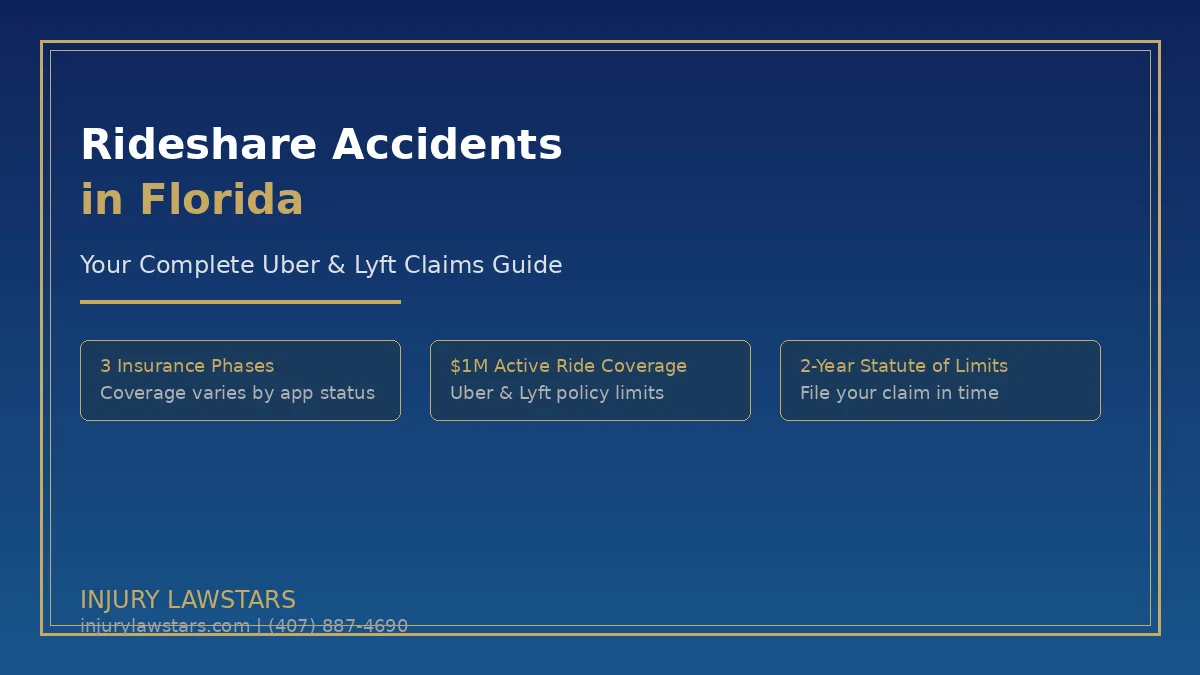 Florida rideshare accident claims guide infographic showing Uber and Lyft insurance coverage phases