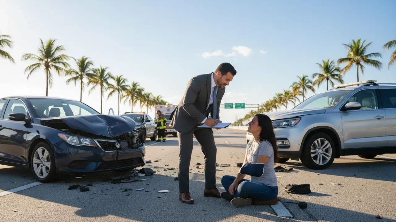 Abogado de accidentes de auto en Florida hablando con cliente hispano despues de un accidente