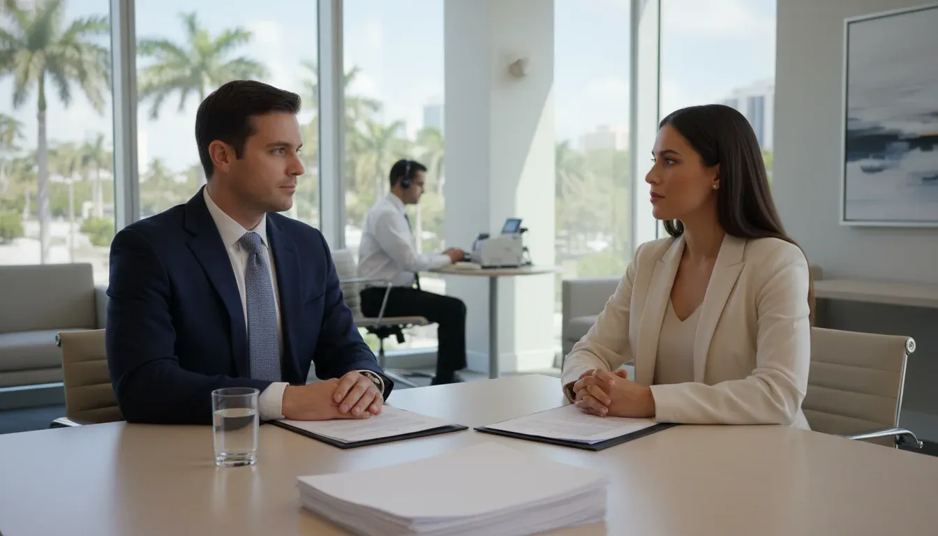 Florida personal injury attorney and client at a deposition conference table