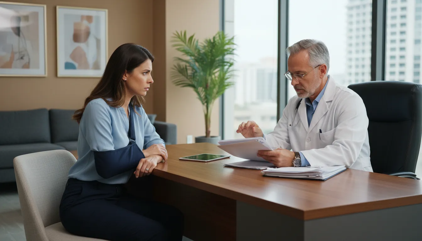 Florida injury victim sitting across from a doctor during an independent medical examination