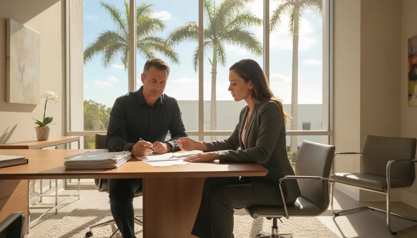 Florida attorney reviewing insurance claim denial documents with a client in a professional law office