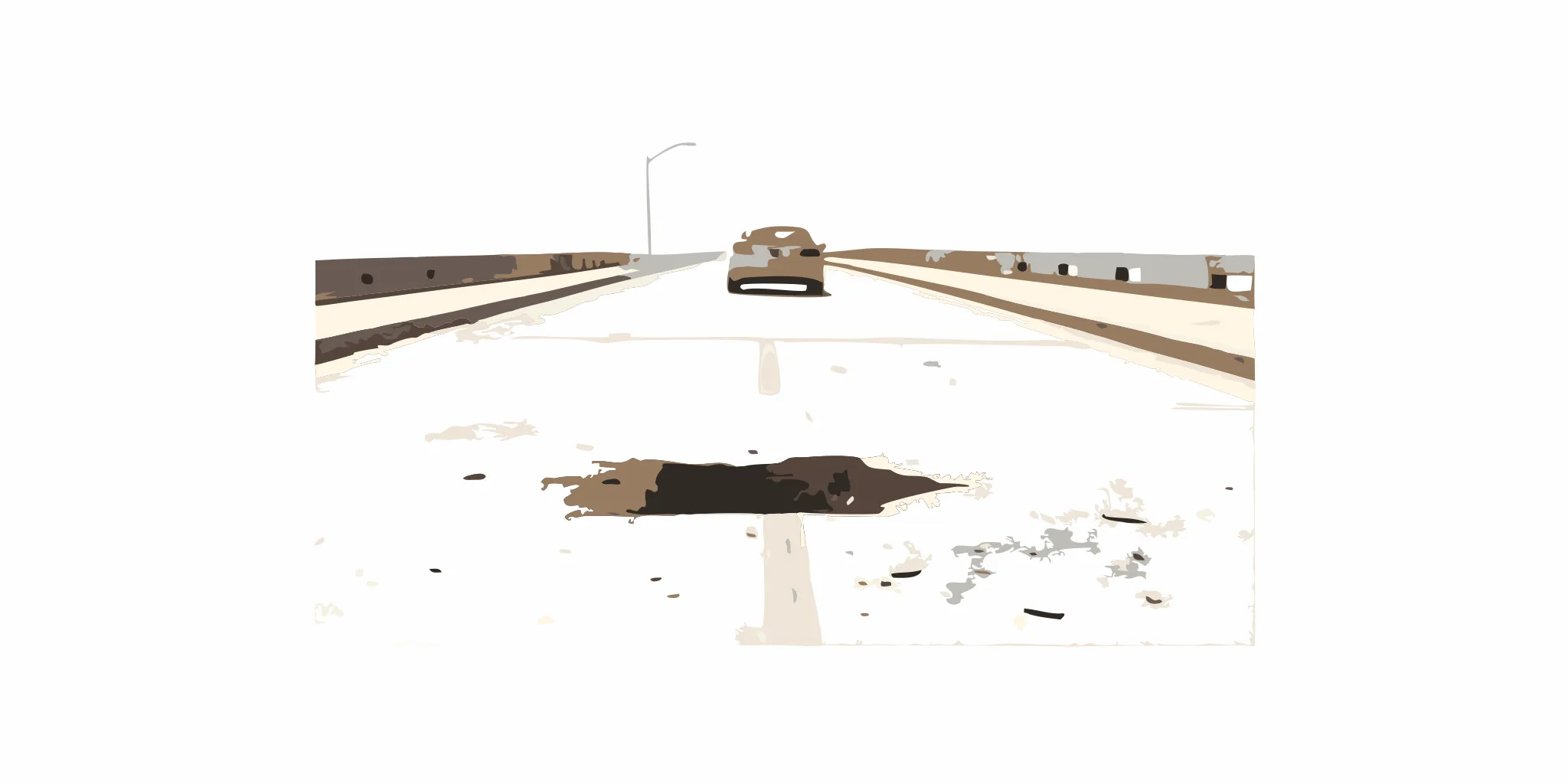 Damaged Florida roadway with a pothole and debris