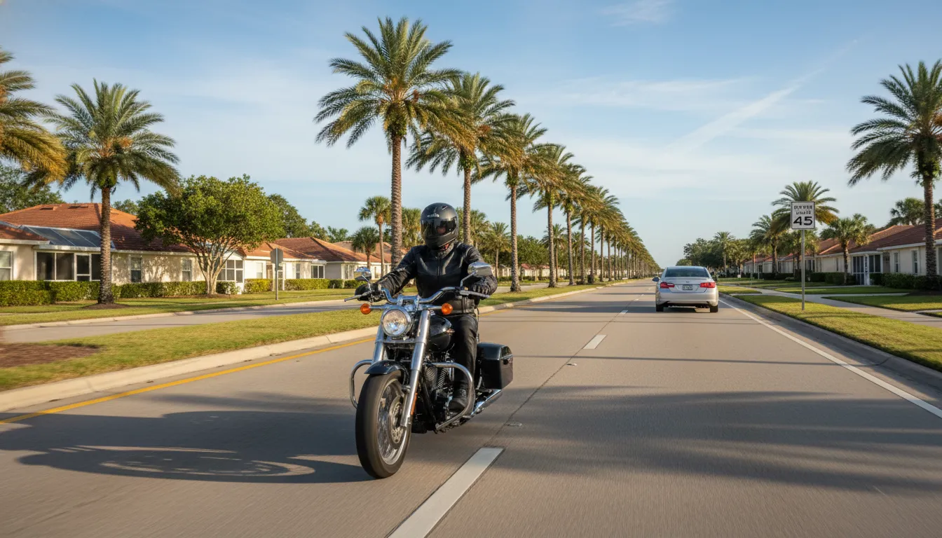 Motorcyclist riding safely in The Villages, Florida