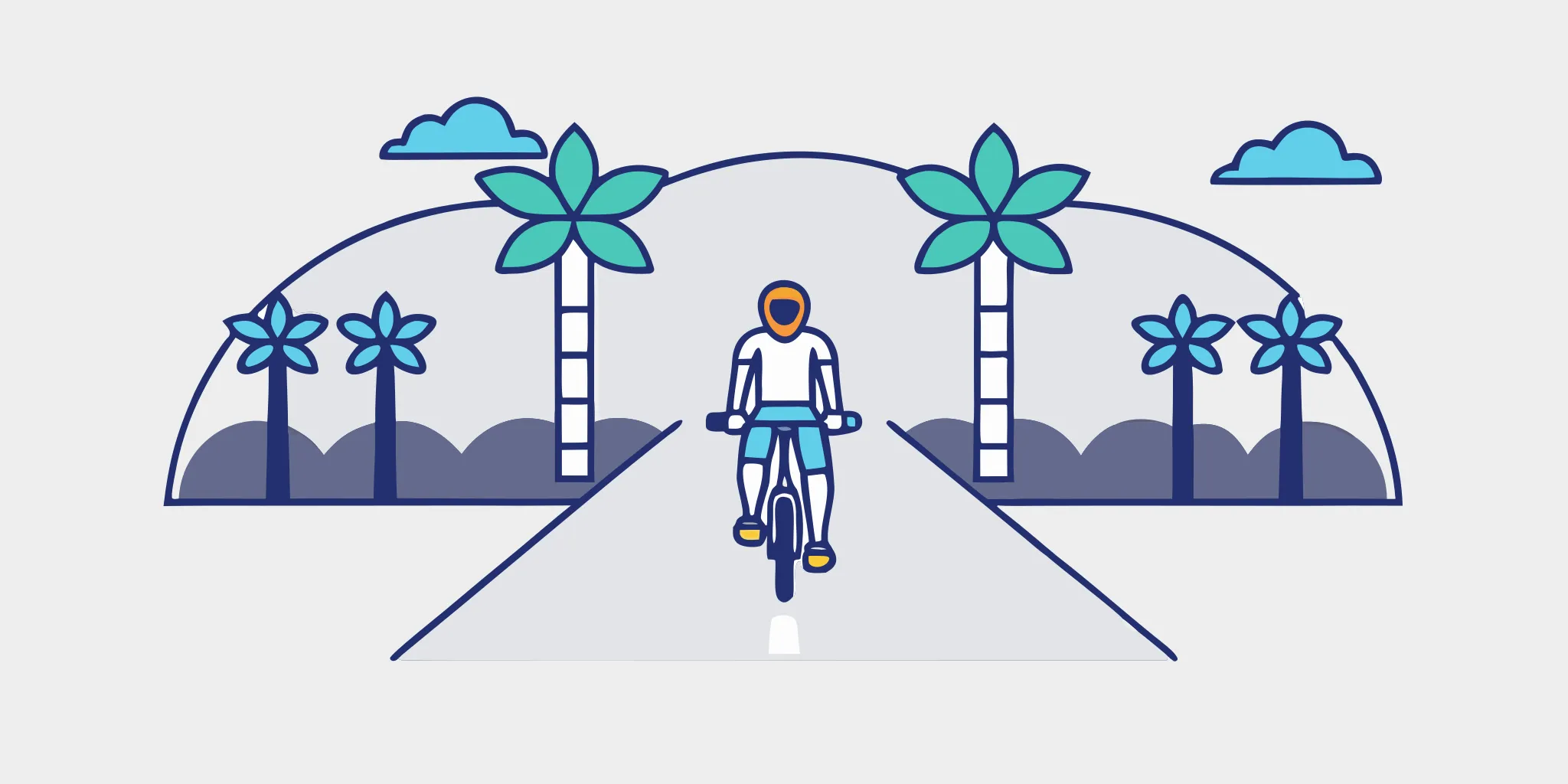 Florida cyclist with safety helmet on a palm-tree lined road with legal document imagery symbolizing bicycle accident settlement