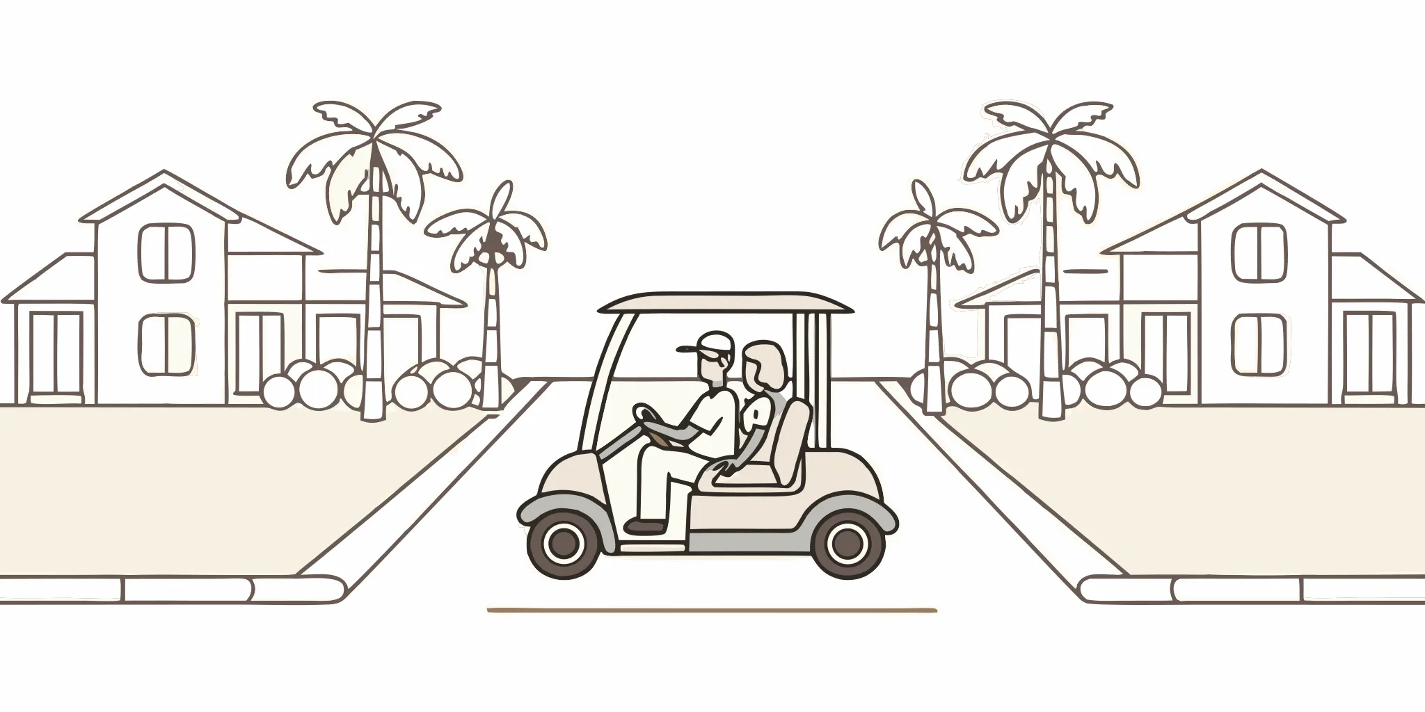 Florida golf cart driving past palm trees in a retirement community